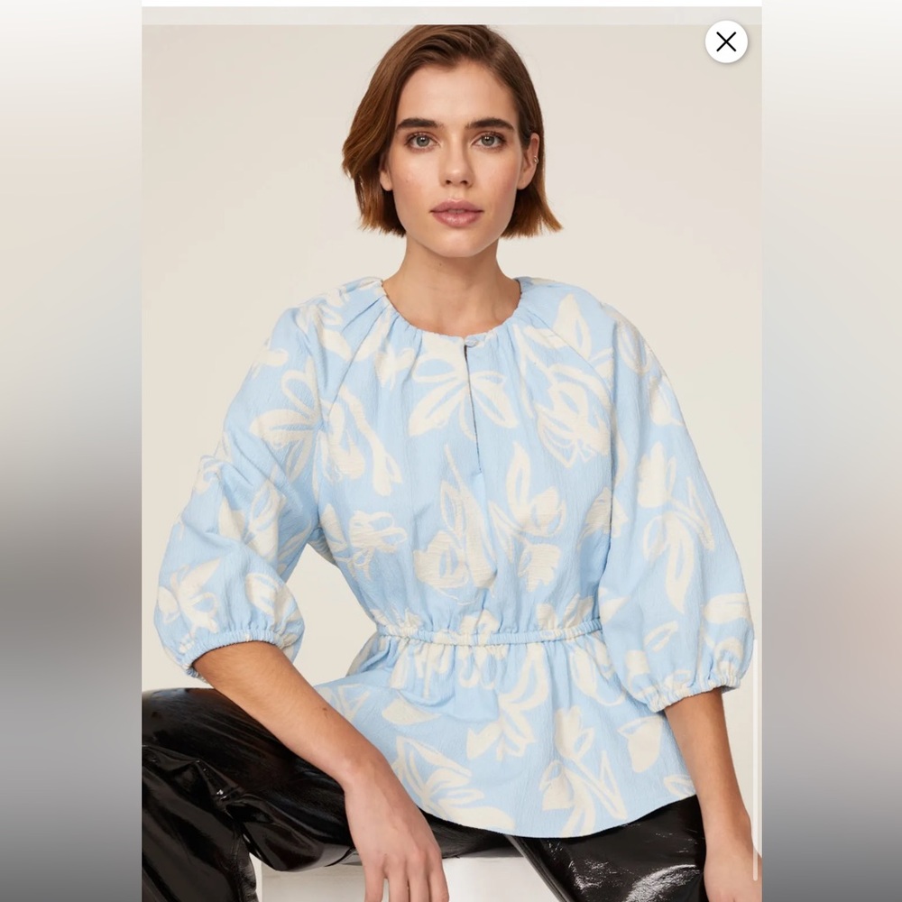 STINE GOYA Britney Peplum Blouse Blue/White‎ Split Neckline Keyhole Size XL